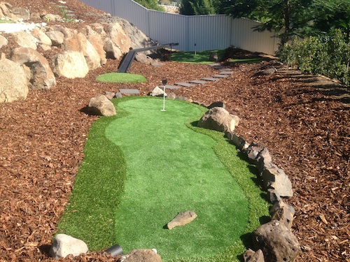 The 9th green. Your ball gets shot out from the bottom left and then gets rebounded into the rock.